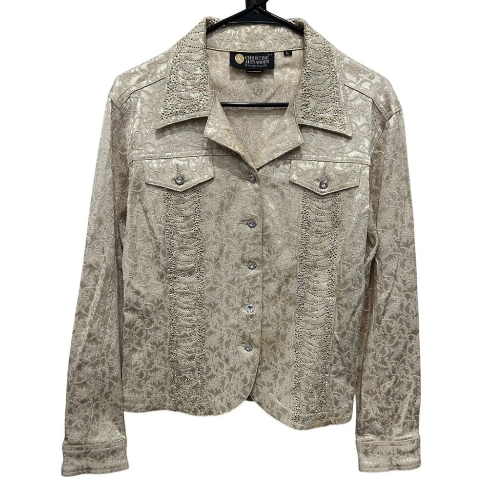 Christine Alexander Womens Beaded Jacket Blazer Beige Gold Embroidered Sz Large